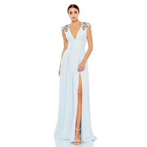 Ieena Mac Duggal 26540 Beaded V Neck Cap Sleeve A Line Gown Powder Blue Size 8